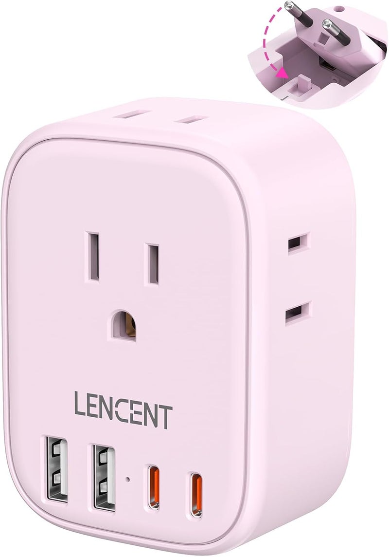 Lencent European Travel Plug Adapter, US to Europe Type-C Foldable Power Plug with 4 Outlets 4 USB Ports (2 USB C), Power Adaptor for USA to EU Euro Iceland Spain Italy France Germany Greece, Pink - Image 1